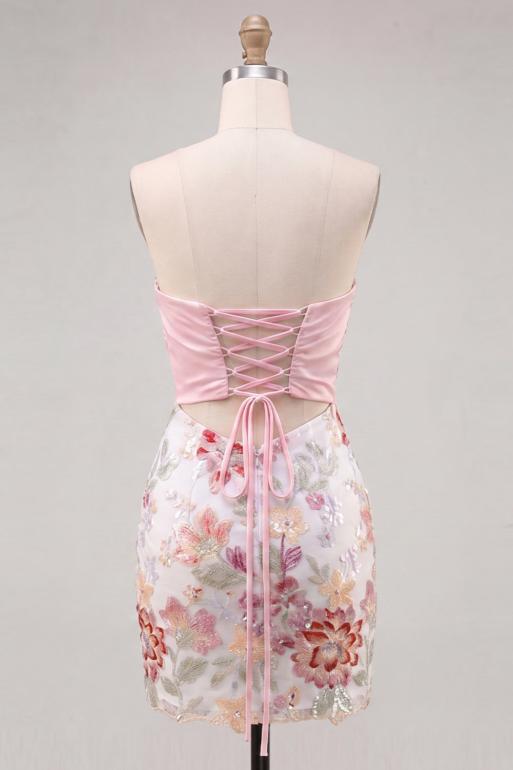 Lilac Floral Sequin Tight Short Homecoming Dress with Bow