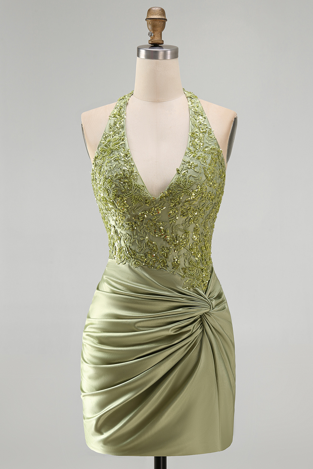 Army Green Ruched Halter Appliqued Tight Short Corset Homecoming Dress