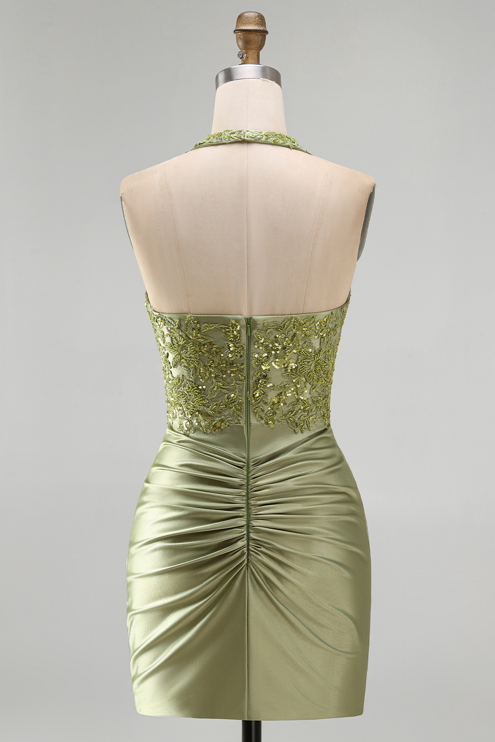 Army Green Ruched Halter Appliqued Tight Short Corset Homecoming Dress