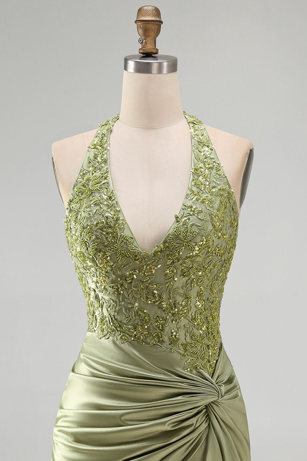 Army Green Ruched Halter Appliqued Tight Short Corset Homecoming Dress