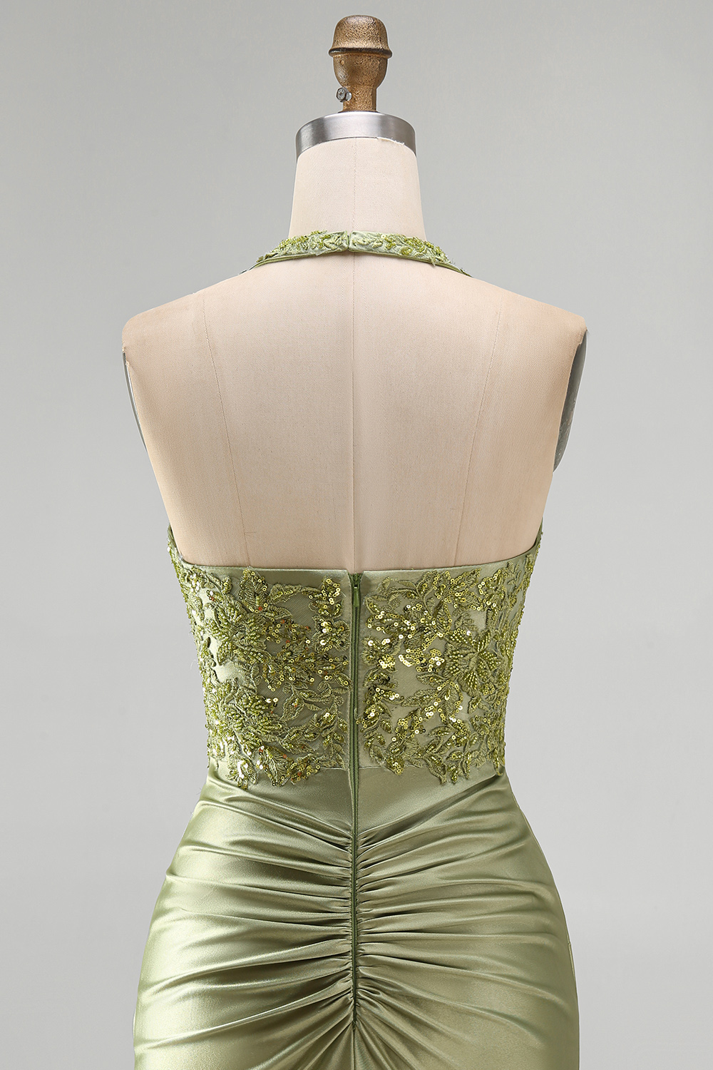 Army Green Ruched Halter Appliqued Tight Short Corset Homecoming Dress