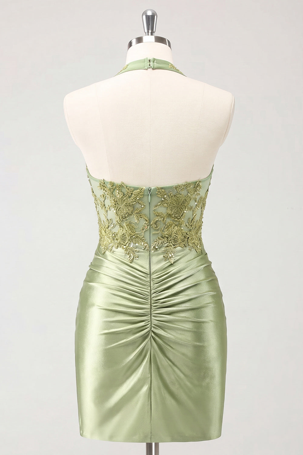Army Green Ruched Halter Appliqued Tight Short Corset Homecoming Dress