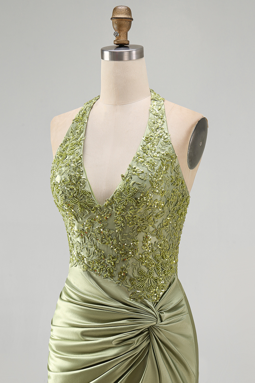Army Green Ruched Halter Appliqued Tight Short Corset Homecoming Dress