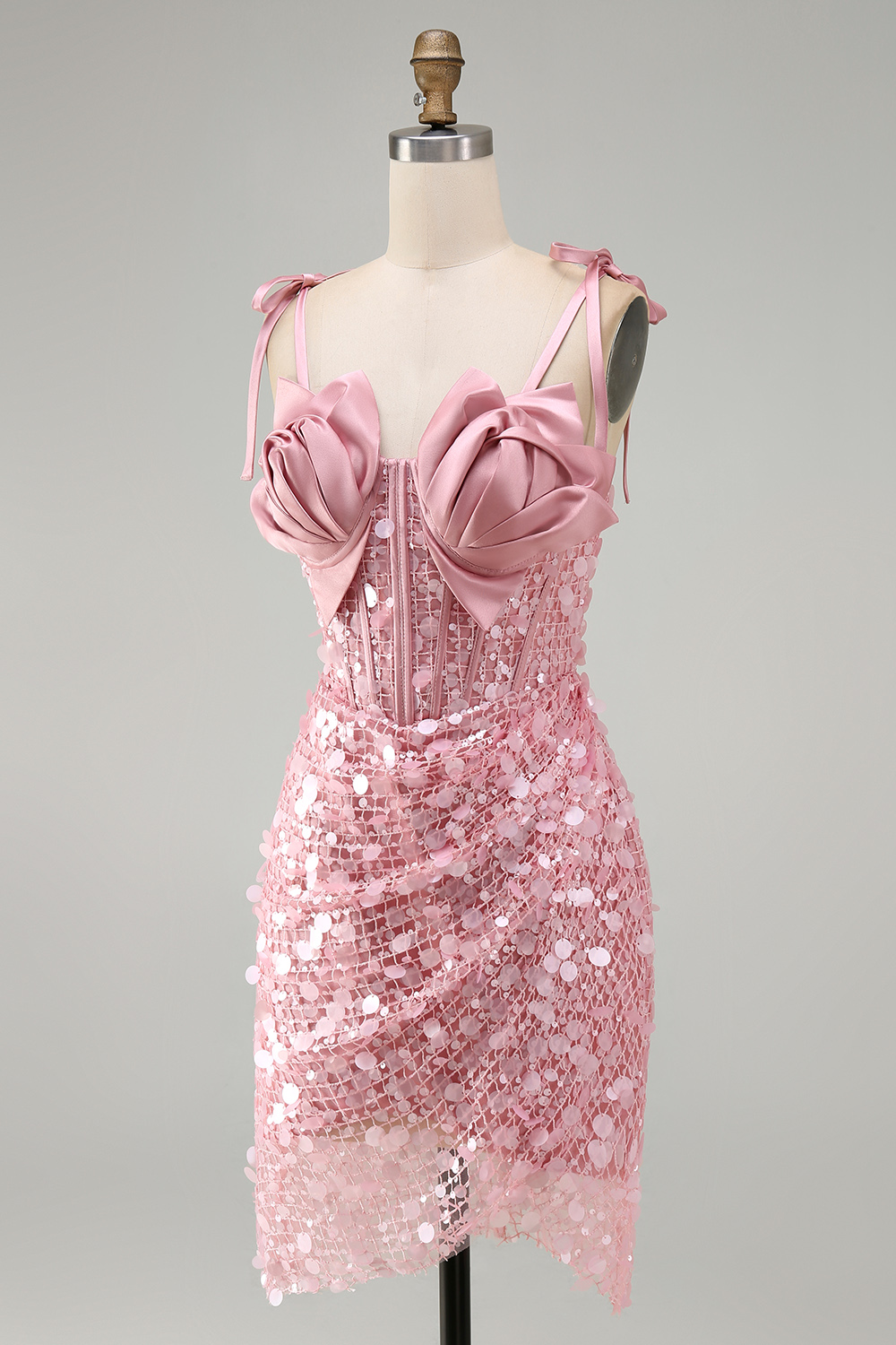 Sparkly Sequin Pink Tight Short Corset Homecoming Dress with Bows