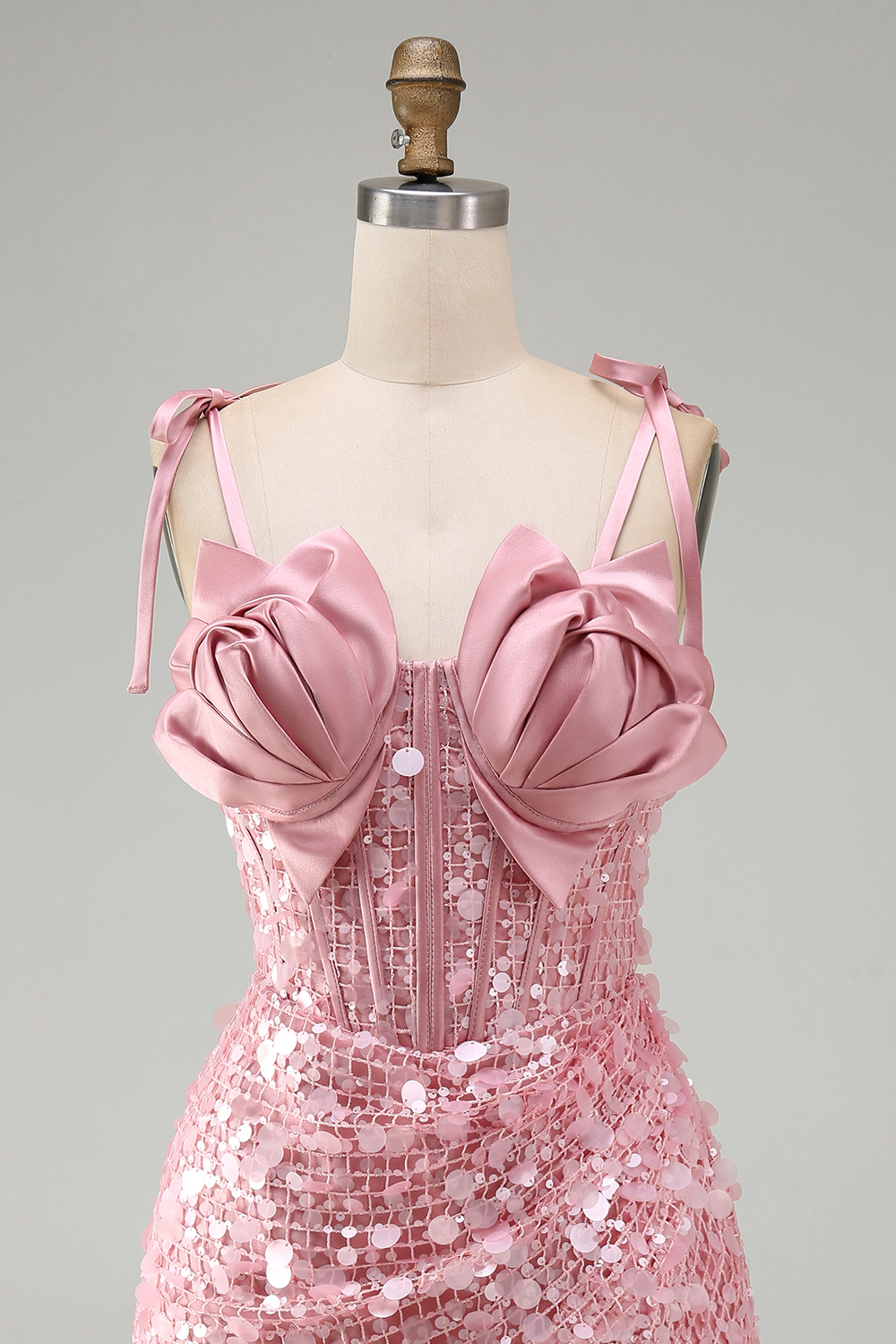 Sparkly Sequin Pink Tight Short Corset Homecoming Dress with Bows