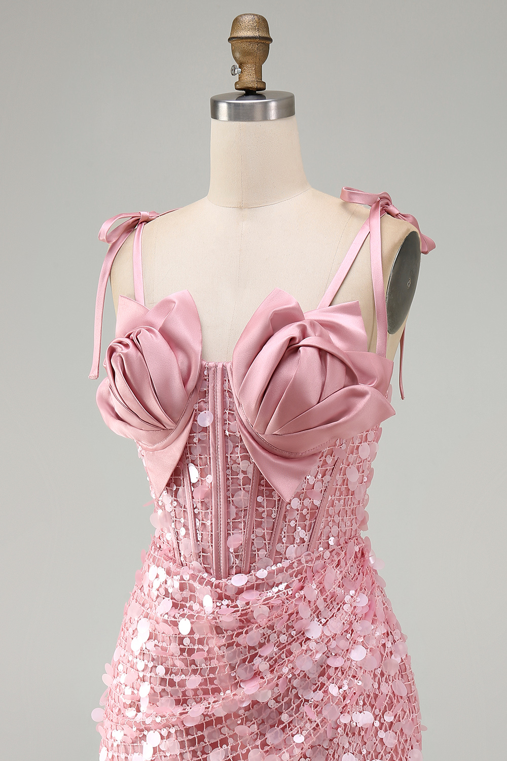 Sparkly Sequin Pink Tight Short Corset Homecoming Dress with Bows