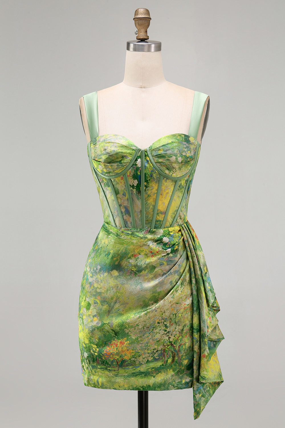 Green Floral Ruched Tight Short Corset Homecoming Dress with Beading