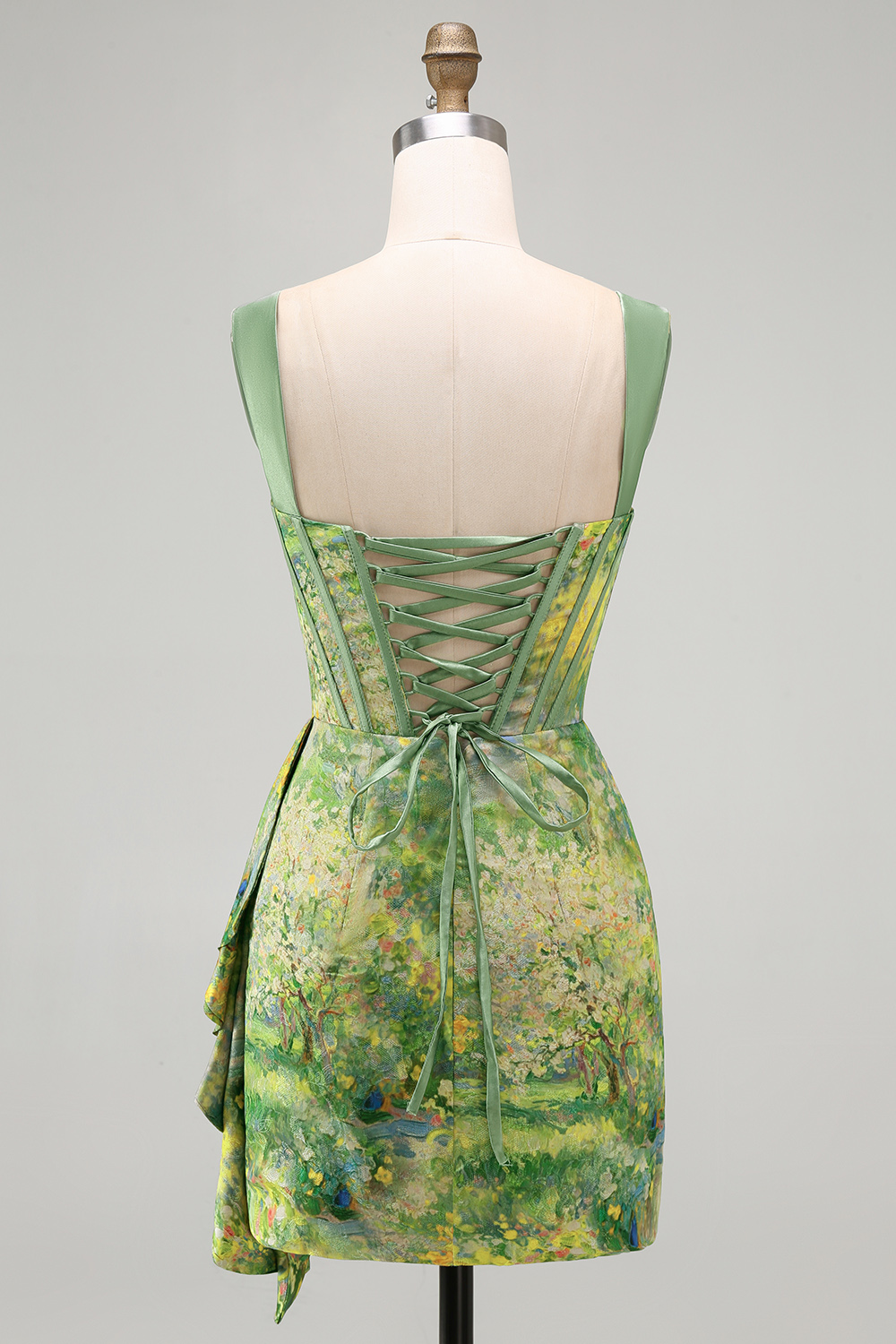 Green Floral Ruched Tight Short Corset Homecoming Dress with Beading