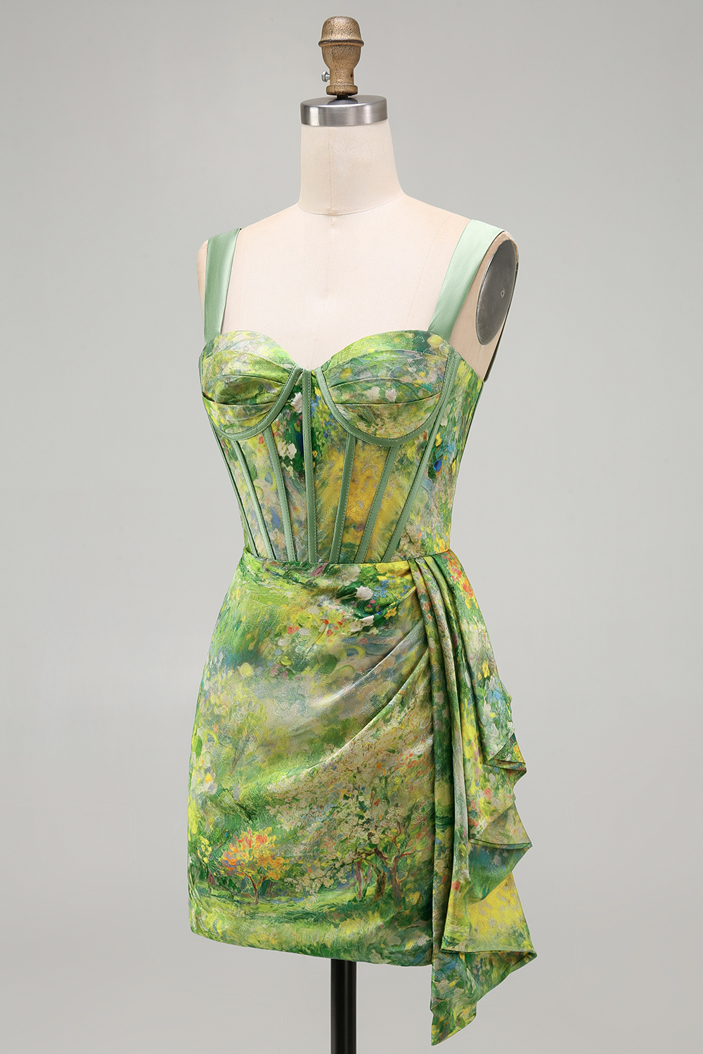 Green Floral Ruched Tight Short Corset Homecoming Dress with Beading