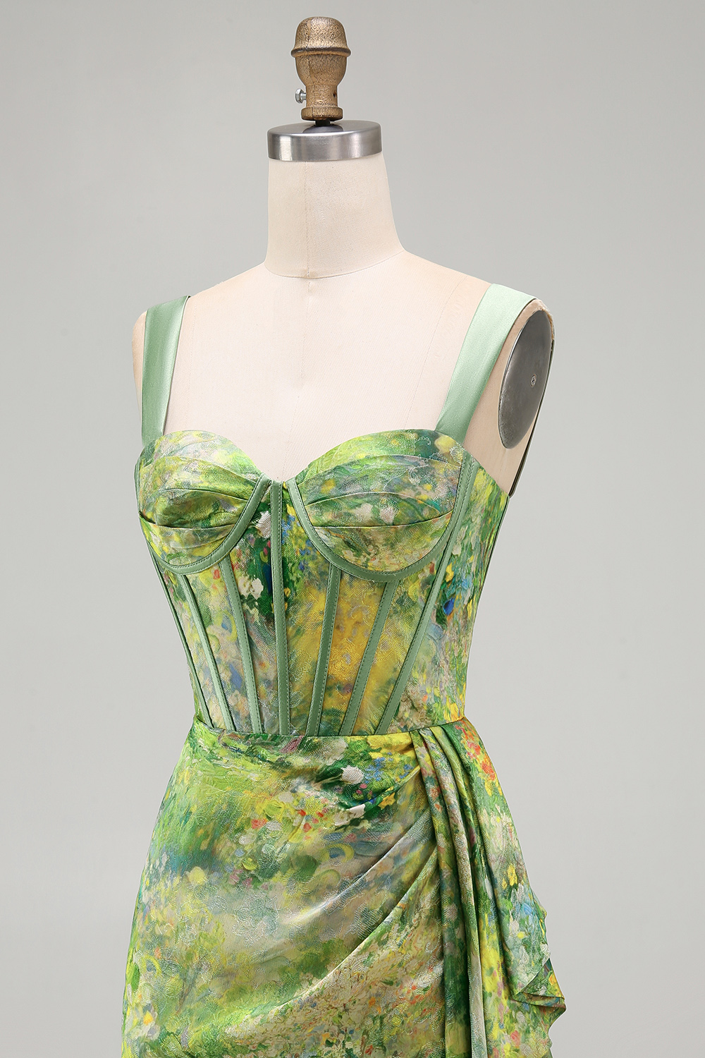 Green Floral Ruched Tight Short Corset Homecoming Dress with Beading