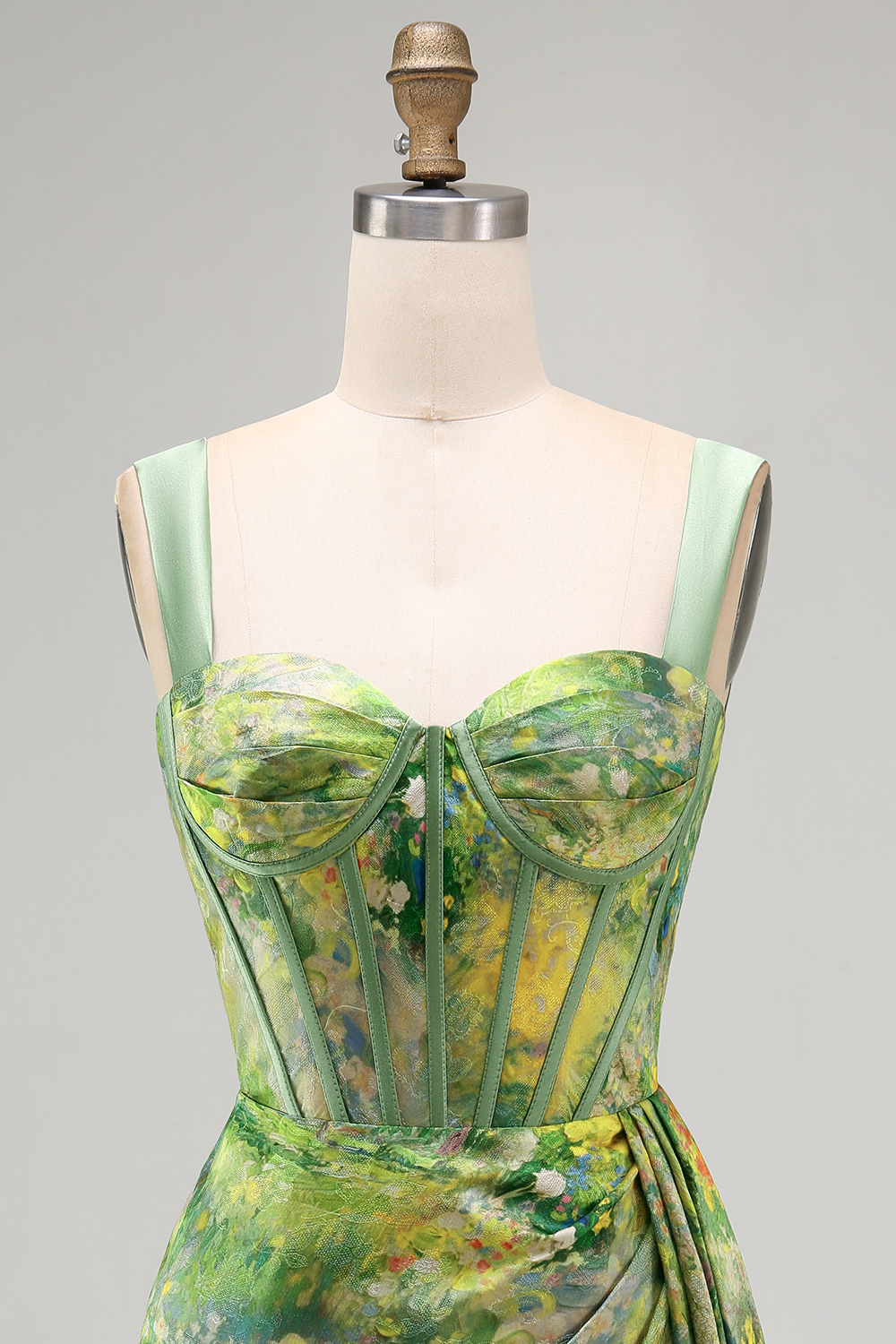 Green Floral Ruched Tight Short Corset Homecoming Dress with Beading