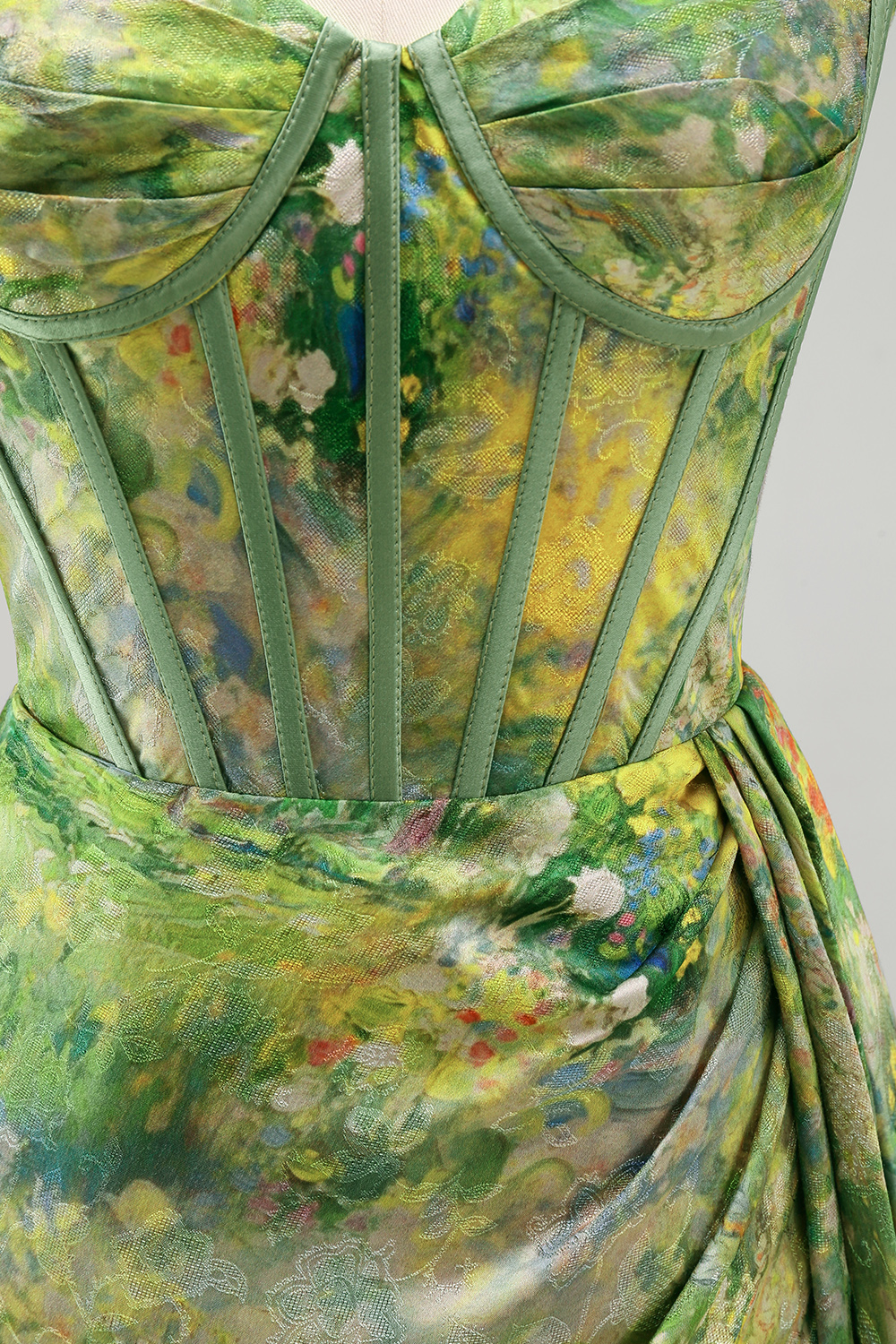 Green Floral Ruched Tight Short Corset Homecoming Dress with Beading