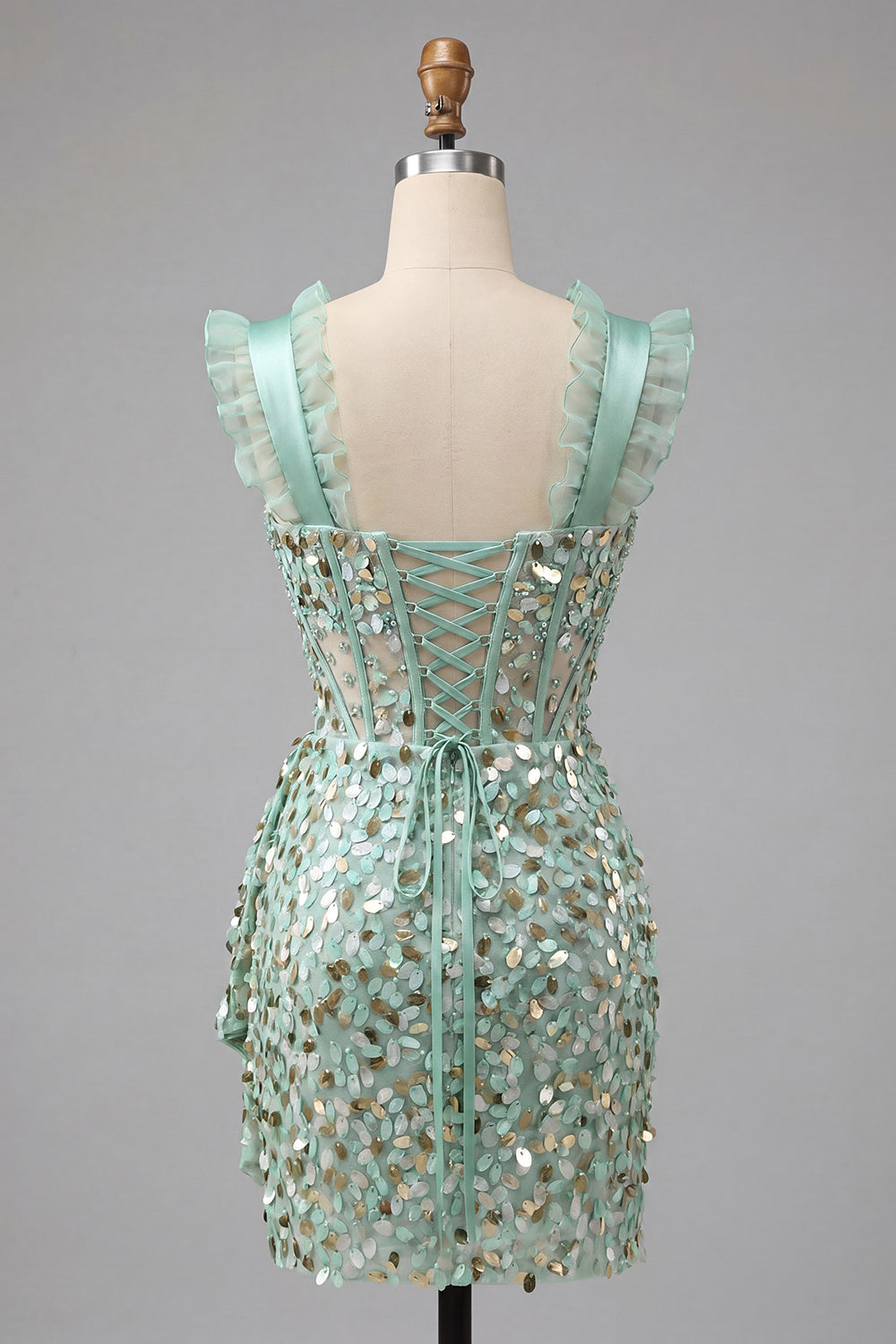 Sparkly Sequin Silver Tight Short Corset Homecoming Dress with Ruffles