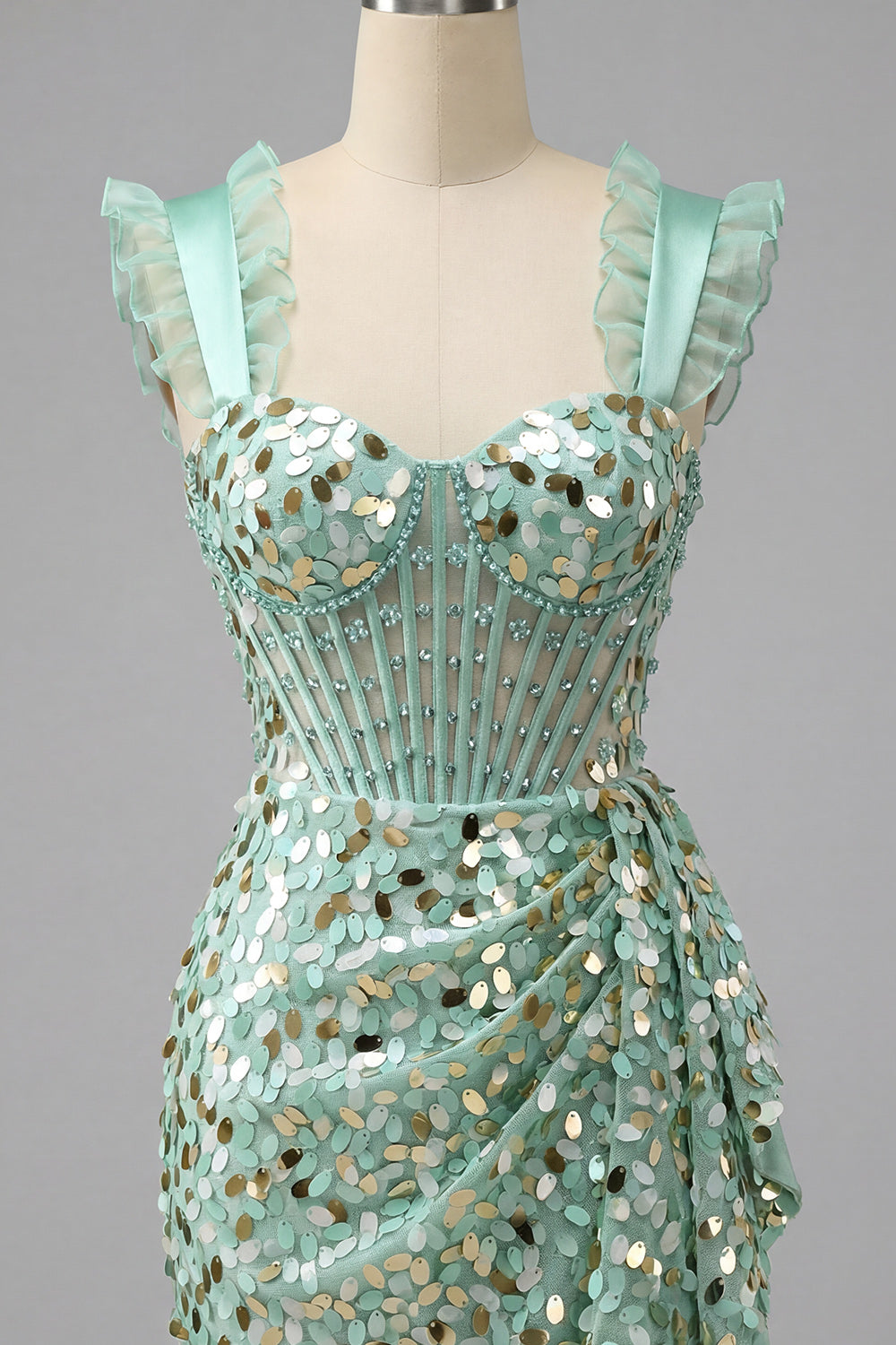 Sparkly Sequin Silver Tight Short Corset Homecoming Dress with Ruffles