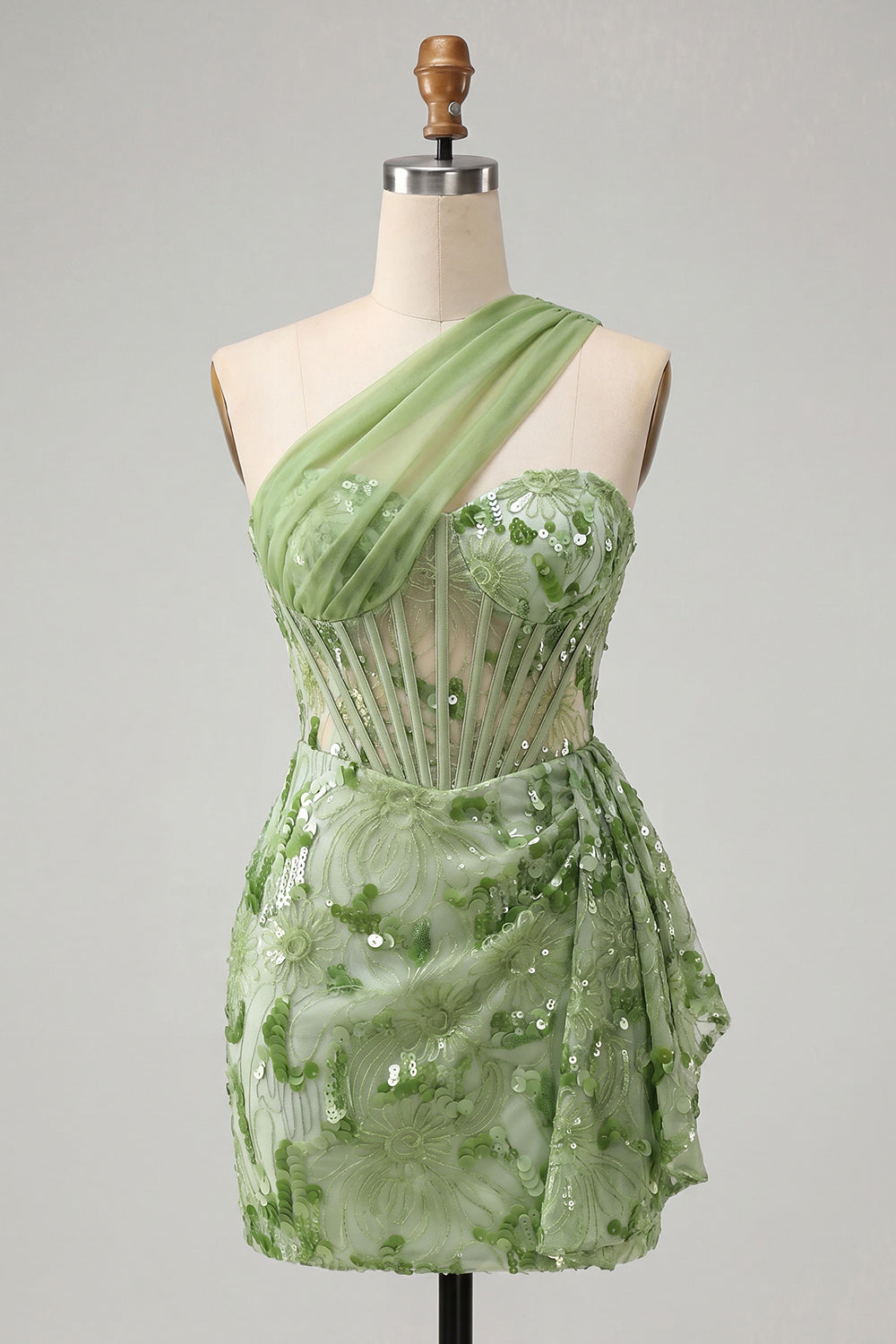 Sparkly Floral Champagne Sequin One Shoulder Tight Corset Short Homecoming Dress