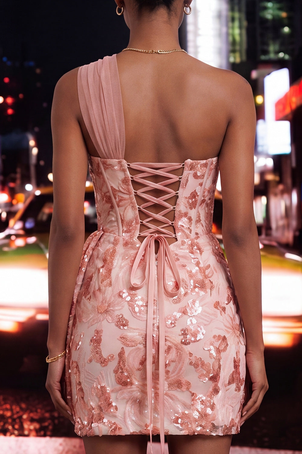 Sparkly Floral Champagne Sequin One Shoulder Tight Corset Short Homecoming Dress