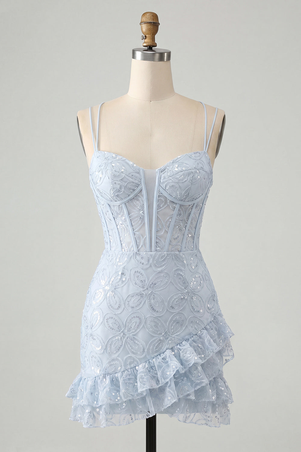 Floral Ivory Sequin Tight Short Corset Homecoming Dress with Ruffles