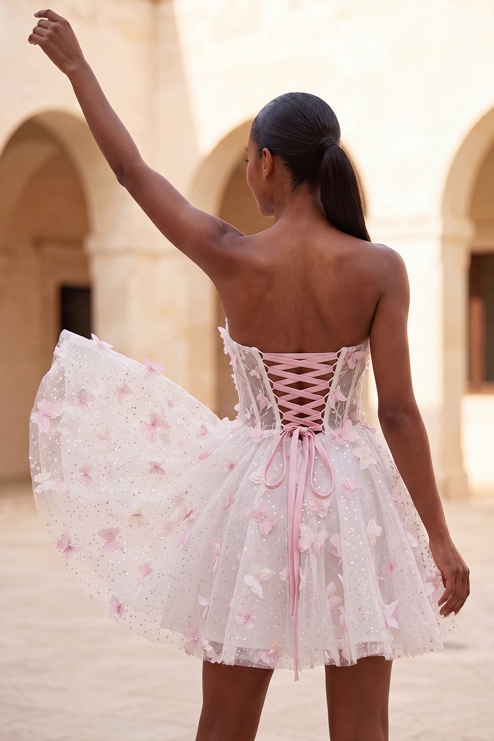 Glitter Light Blue A-Line Corset Short Homecoming Dress with 3D Butterflies