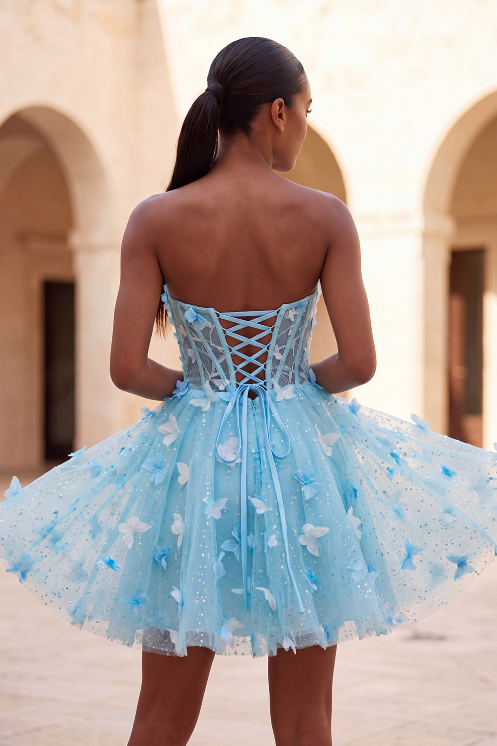 Glitter Light Blue A-Line Corset Short Homecoming Dress with 3D Butterflies
