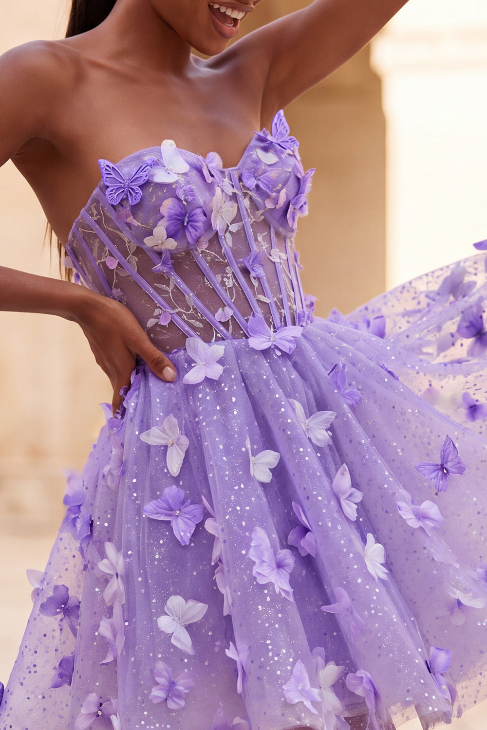 Glitter Light Blue A-Line Corset Short Homecoming Dress with 3D Butterflies