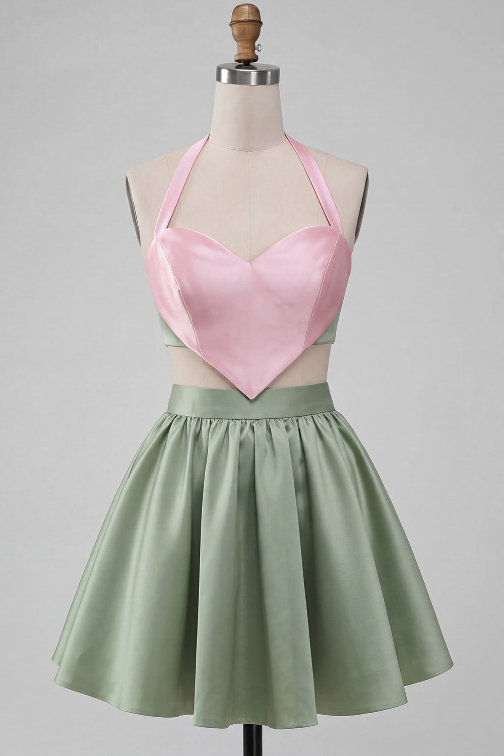 2 Piece Pink and Green Halter Neck Short Homecoming Dress
