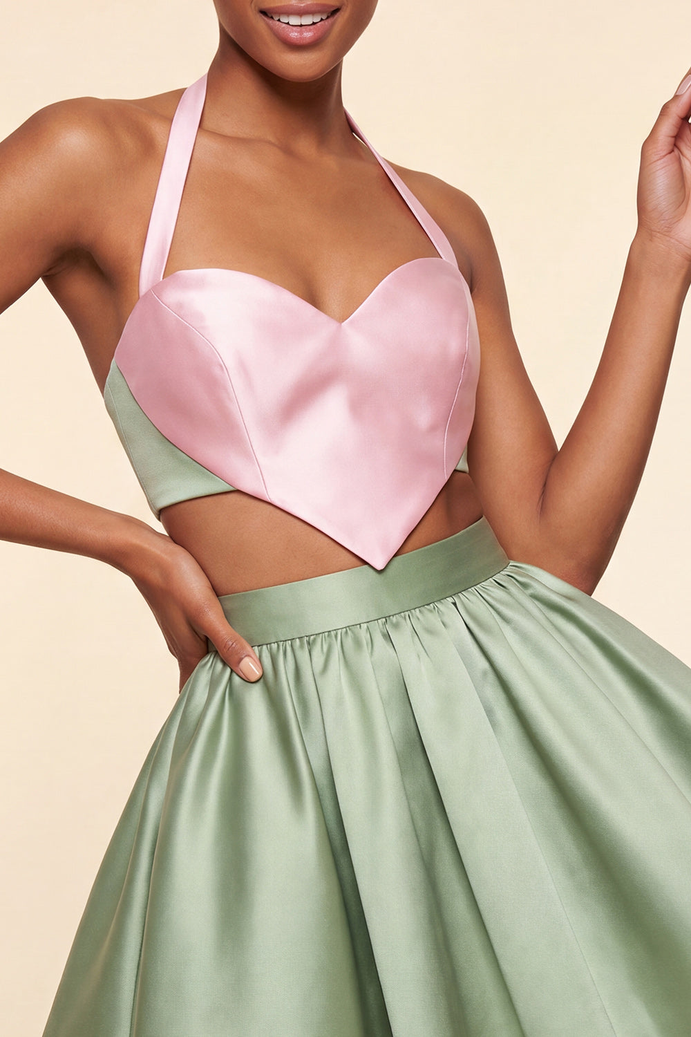 2 Piece Pink and Green Halter Neck Short Homecoming Dress
