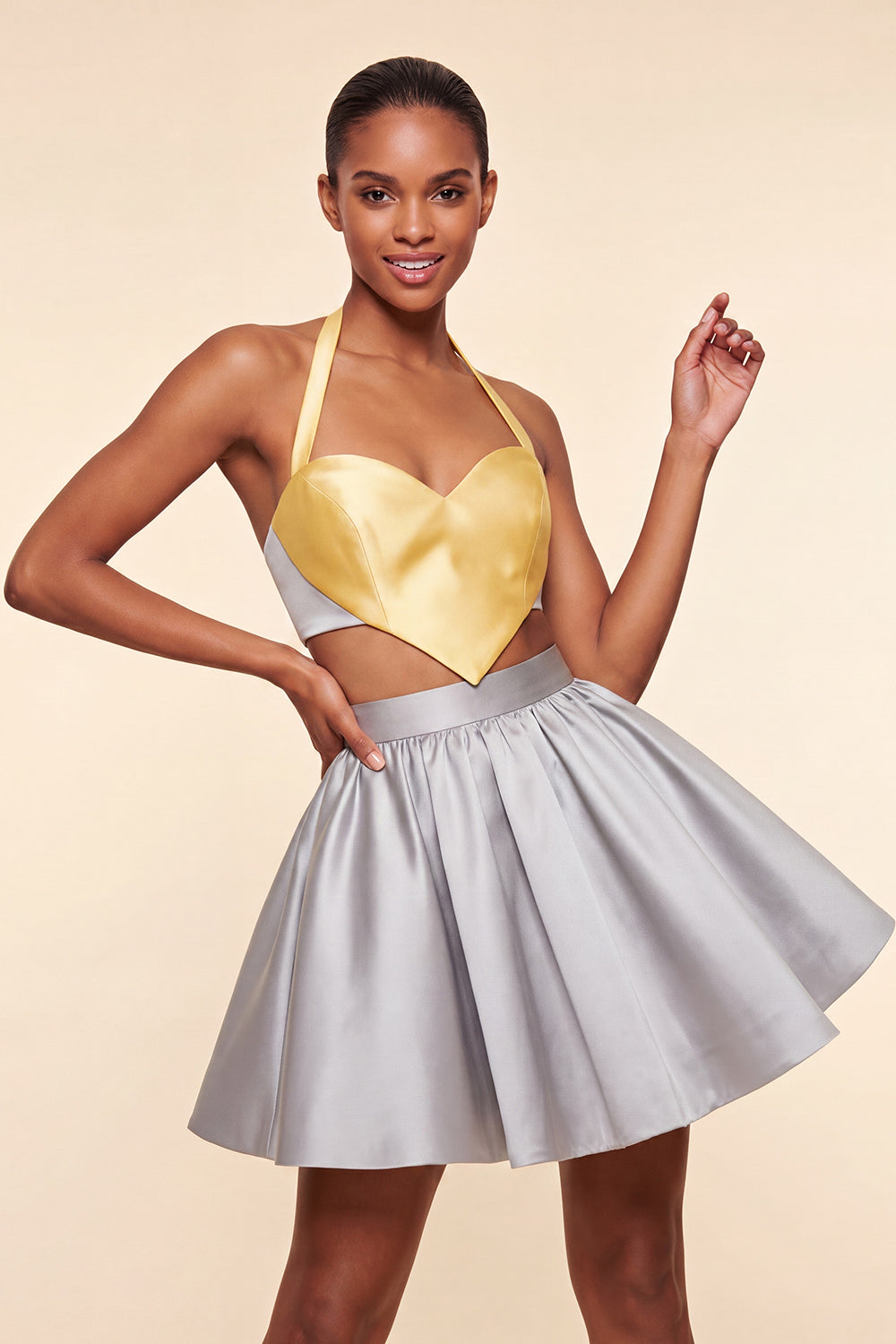 2 Piece Pink and Green Halter Neck Short Homecoming Dress