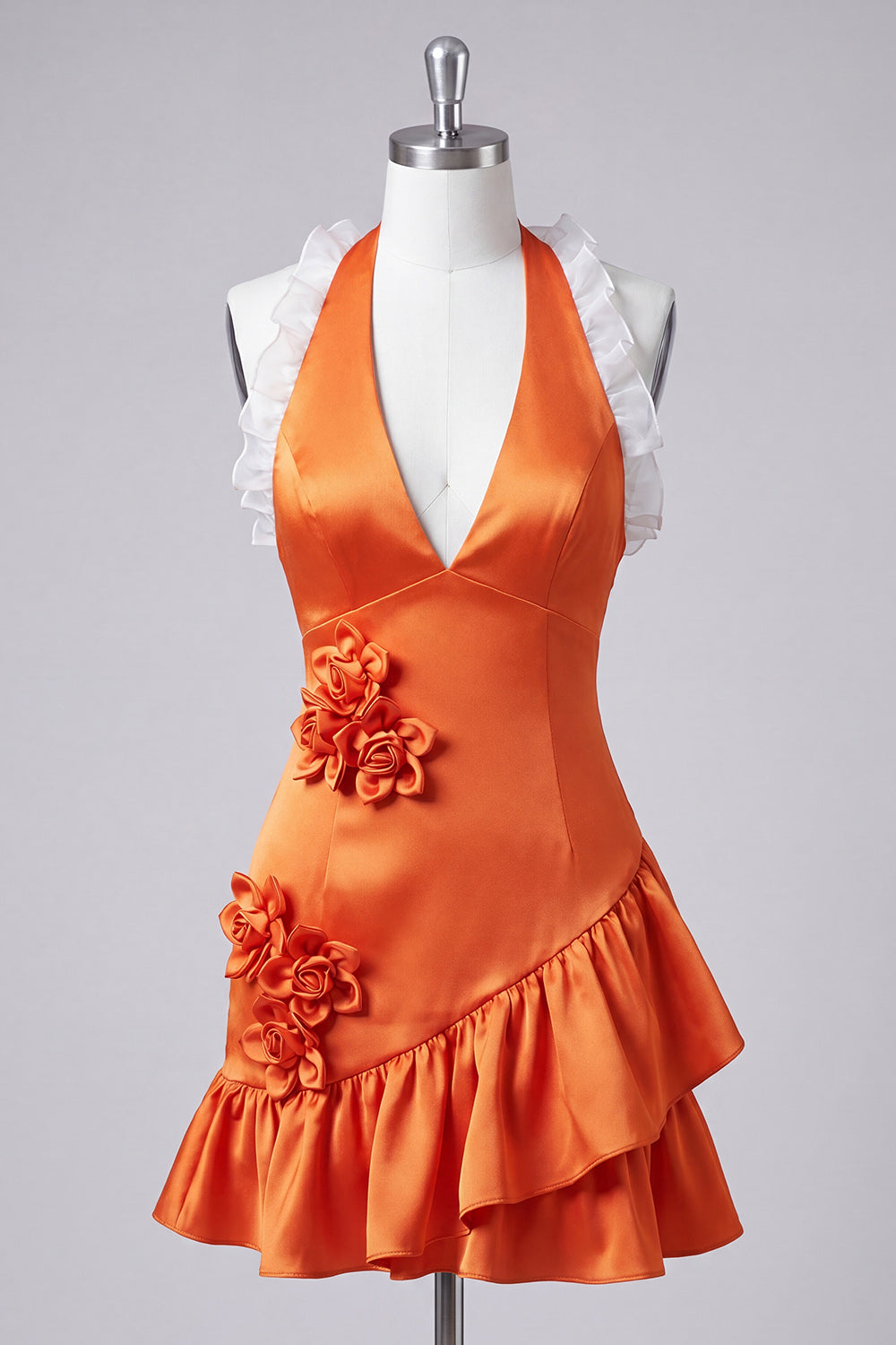 Floral Silver Halter Neck Tight Short Homecoming Dress with Ruffles