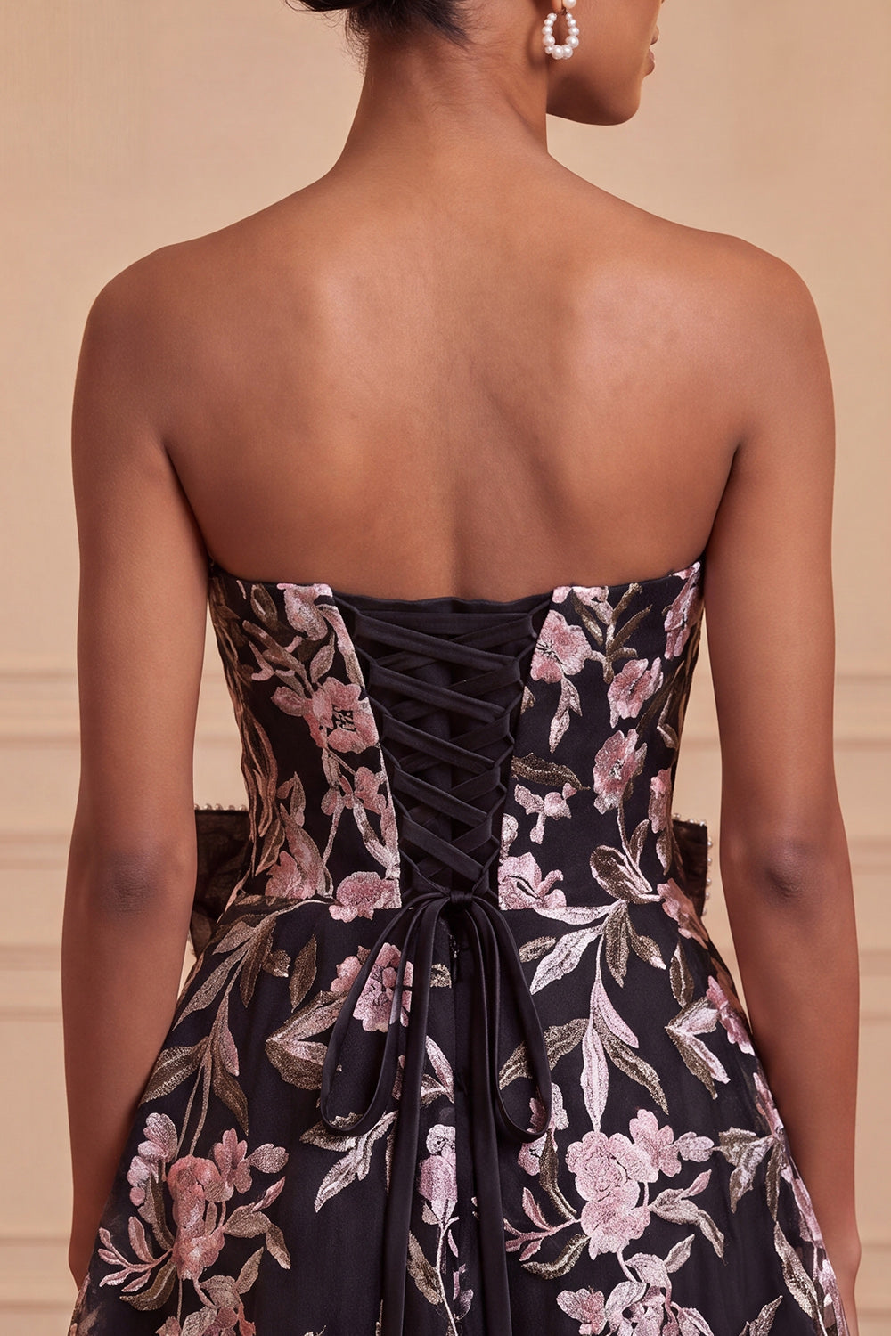 Floral Pink Beaded A-Line Short Homecoming Dress with Bow
