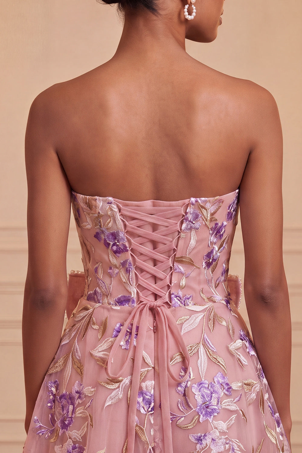 Floral Pink Beaded A-Line Short Homecoming Dress with Bow