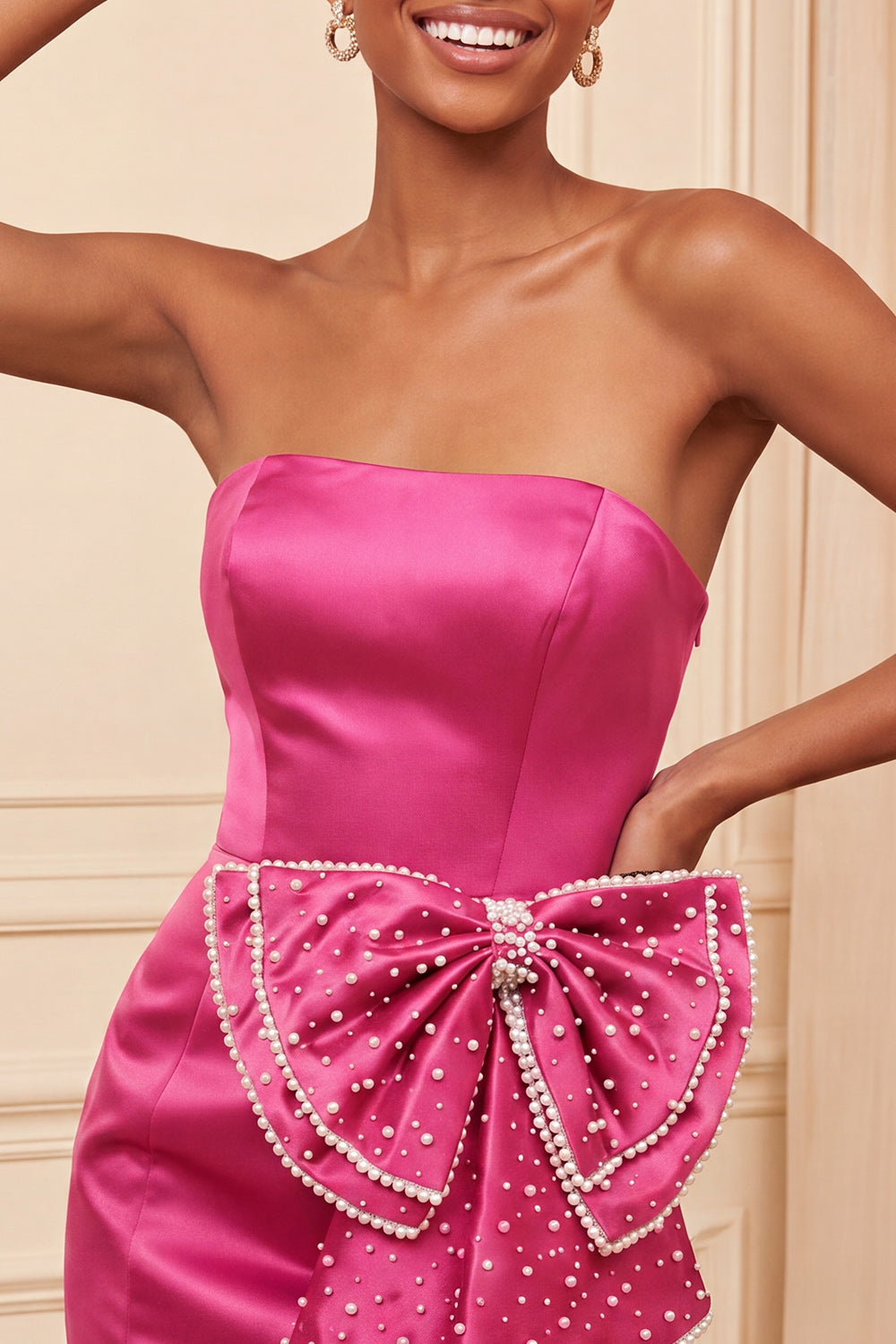 Fuchsia Beaded Satin Tight Short Homecoming Dress with Bow
