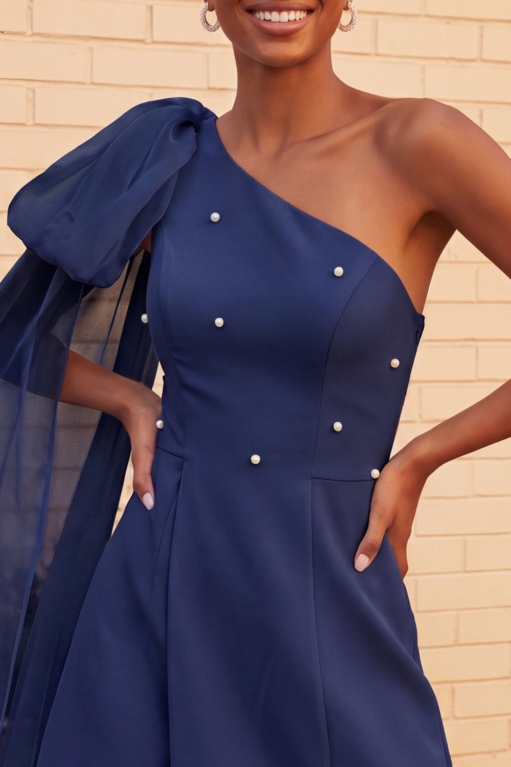 Light Blue Beaded Short A-Line Homecoming Dress with Side Cape