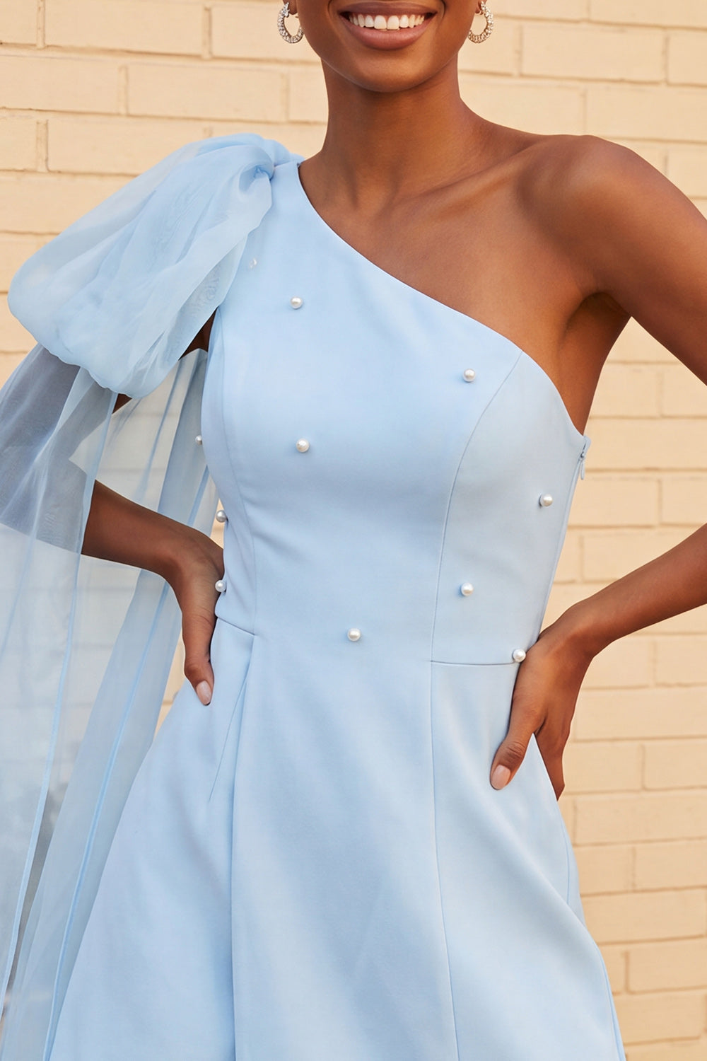 Light Blue Beaded Short A-Line Homecoming Dress with Side Cape