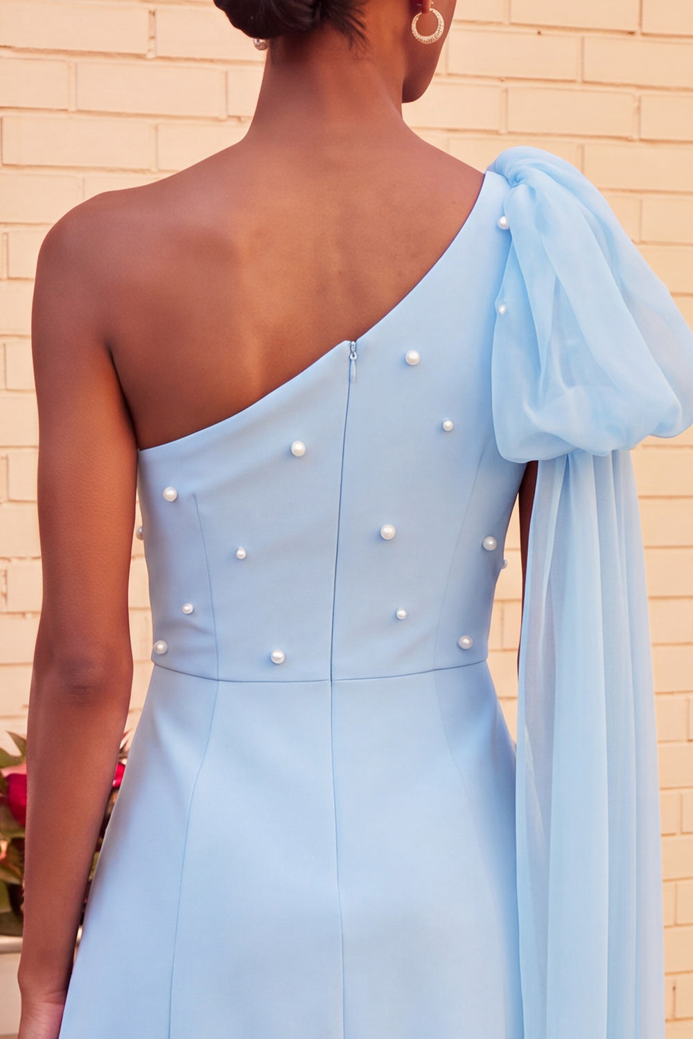 Light Blue Beaded Short A-Line Homecoming Dress with Side Cape