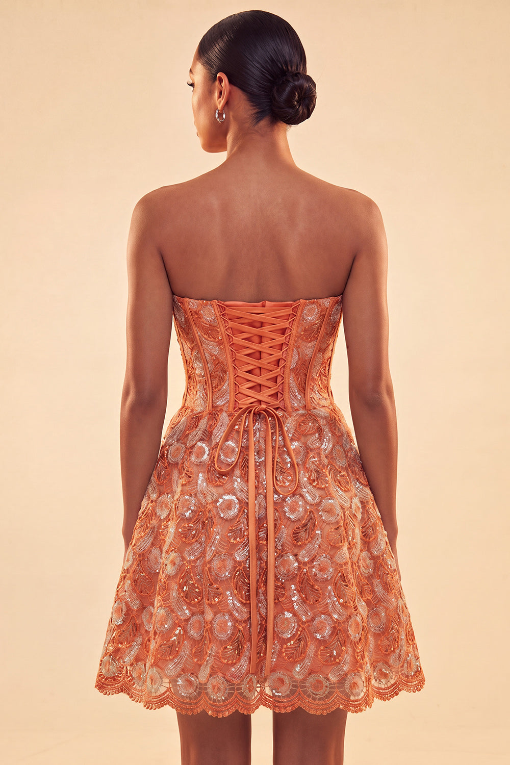 Sparkly Corset Orange Beaded A-Line Lace Short Homecoming Dress
