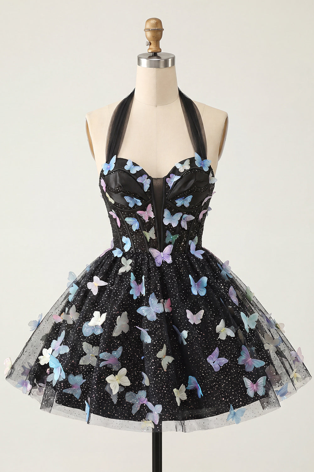Glitter Light Blue Corset Short A-Line Homecoming Dress with 3D Butterflies