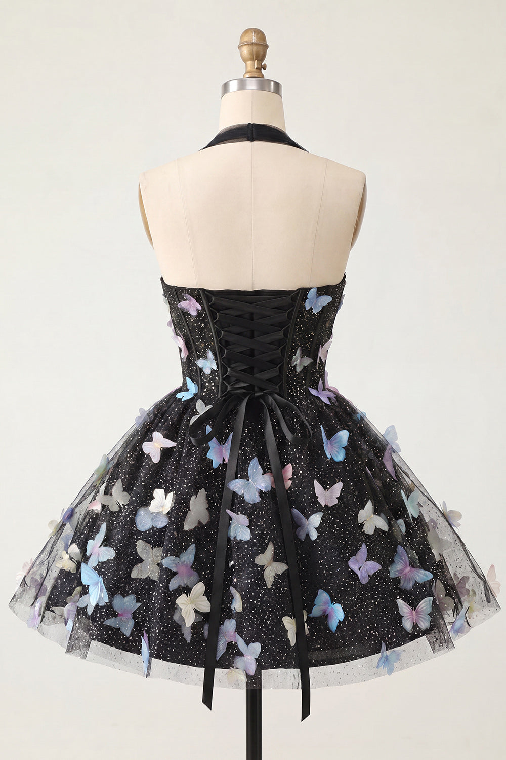 Glitter Light Blue Corset Short A-Line Homecoming Dress with 3D Butterflies