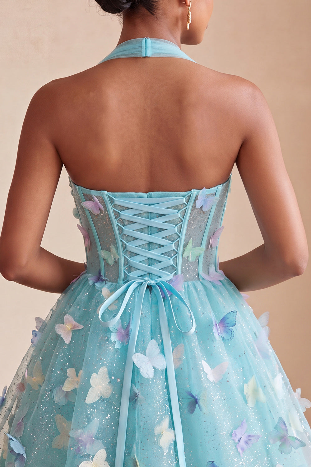 Glitter Light Blue Corset Short A-Line Homecoming Dress with 3D Butterflies