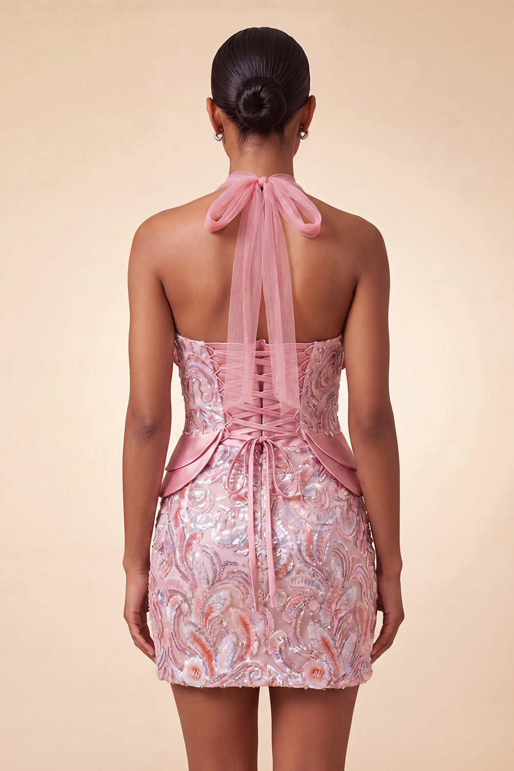 Sparkly Pink Sequin Halter Tight Short Homecoming Dress