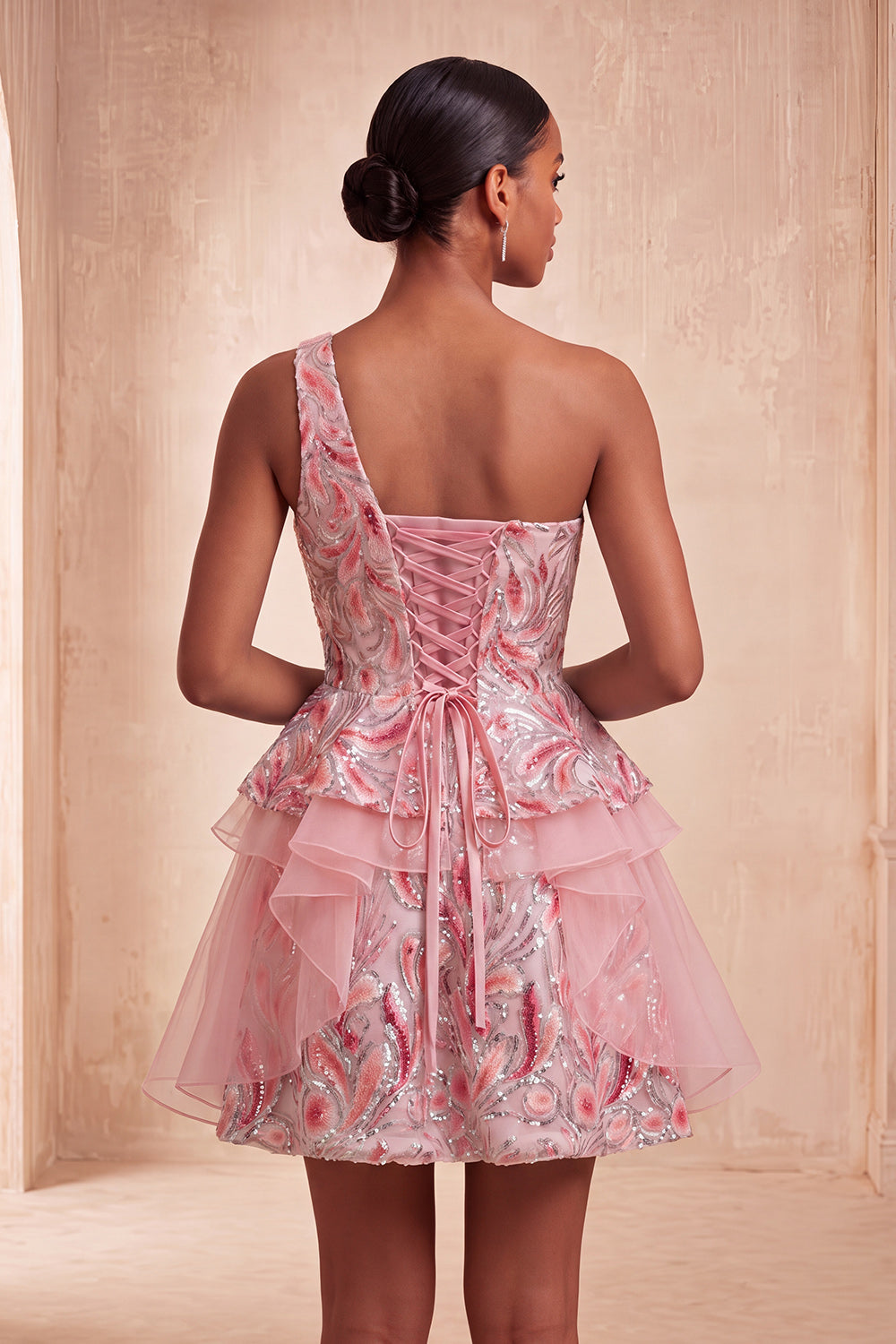 Sparkly Floral Pink Sequin Short Homecoming Dress with Ruffles