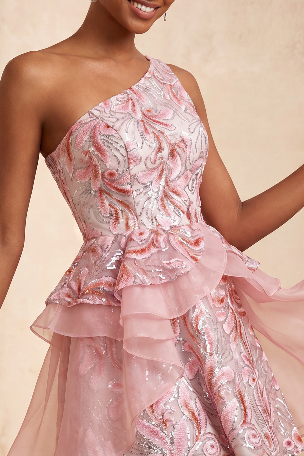 Sparkly Floral Pink Sequin Short Homecoming Dress with Ruffles