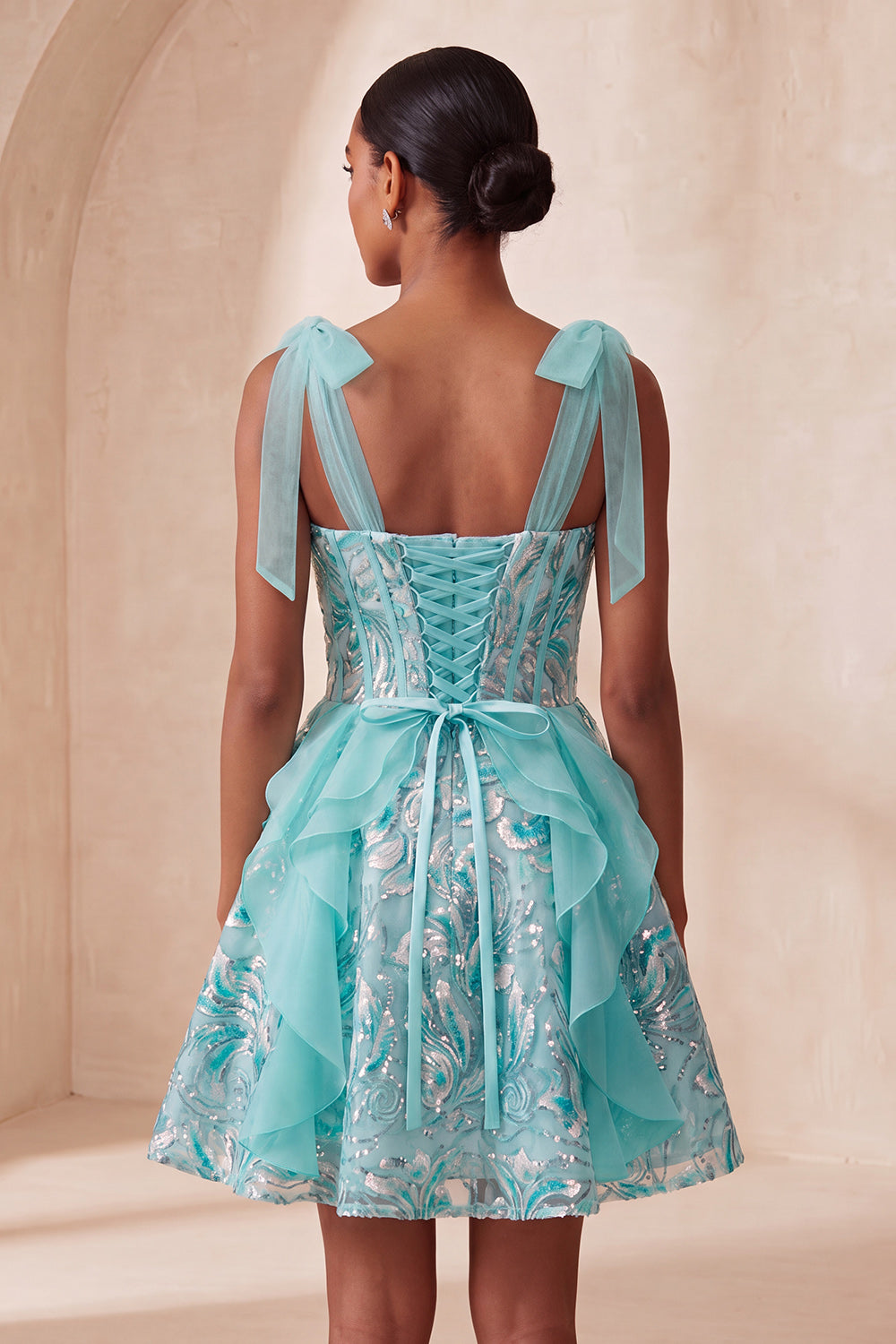 Sparkly Light Purple Corset Ruffled Sequin Short Homecoming Dress with Bows