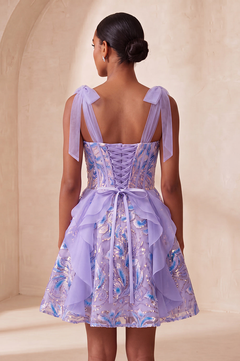 Sparkly Light Purple Corset Ruffled Sequin Short Homecoming Dress with Bows