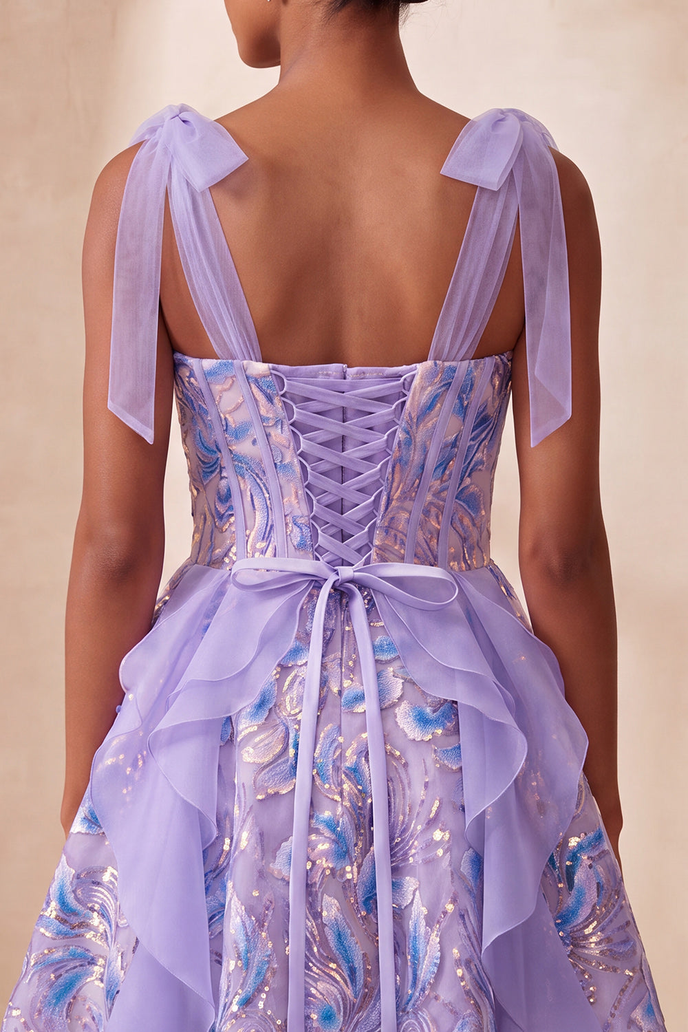 Sparkly Light Purple Corset Ruffled Sequin Short Homecoming Dress with Bows