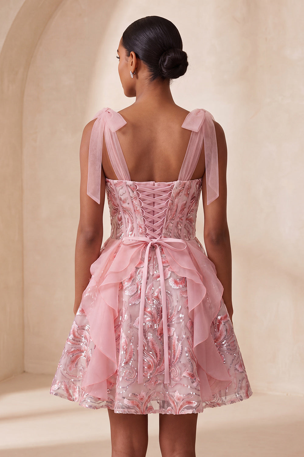 Sparkly Light Purple Corset Ruffled Sequin Short Homecoming Dress with Bows