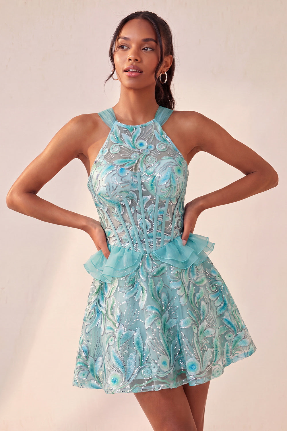 Sparkly Floral Pink Beaded Corset Short Homecoming Dress
