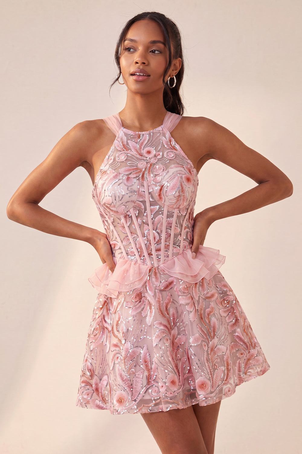 Sparkly Floral Pink Beaded Corset Short Homecoming Dress