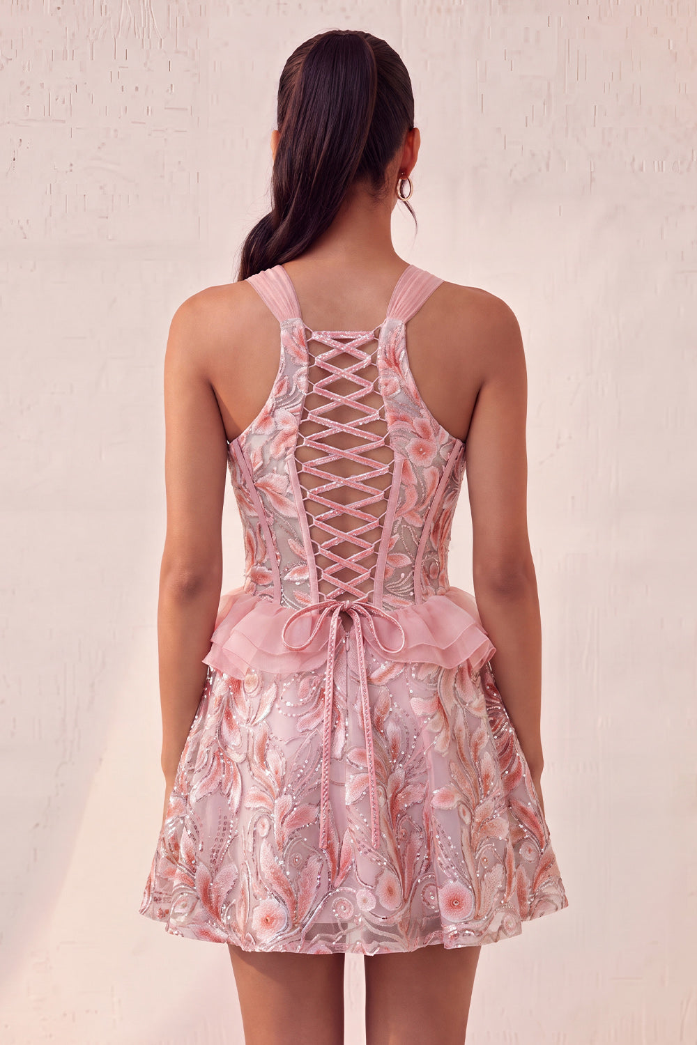 Sparkly Floral Pink Beaded Corset Short Homecoming Dress