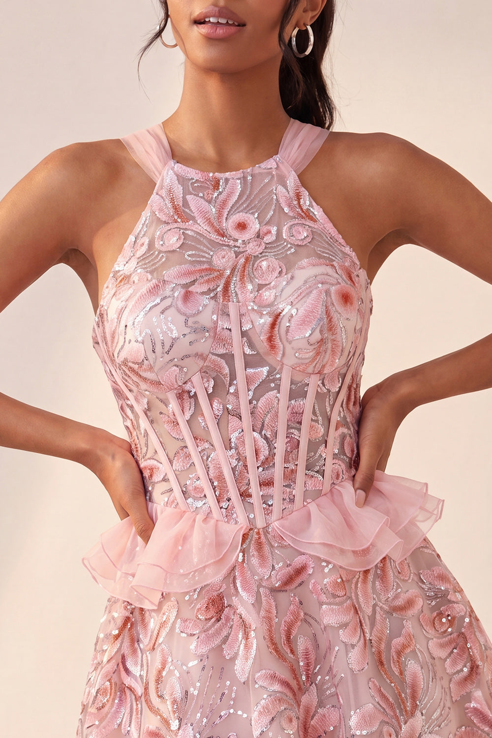 Sparkly Floral Pink Beaded Corset Short Homecoming Dress