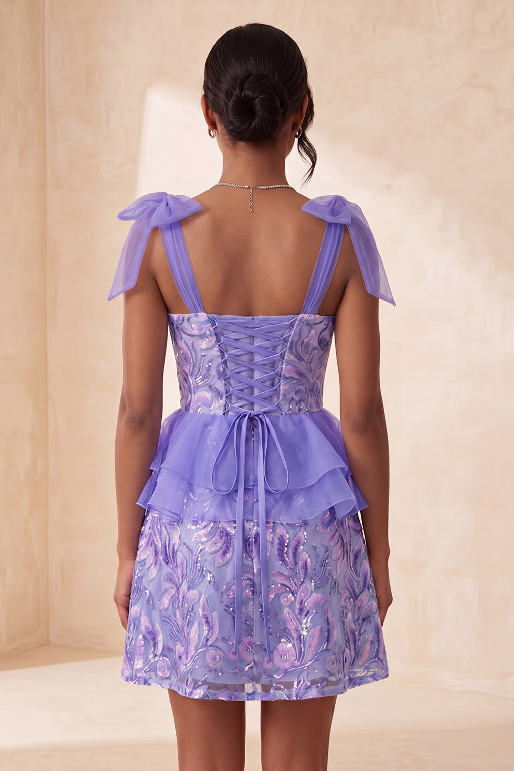Sparkly Floral Purple Ruffled Sequin Short Homecoming Dress with Bows